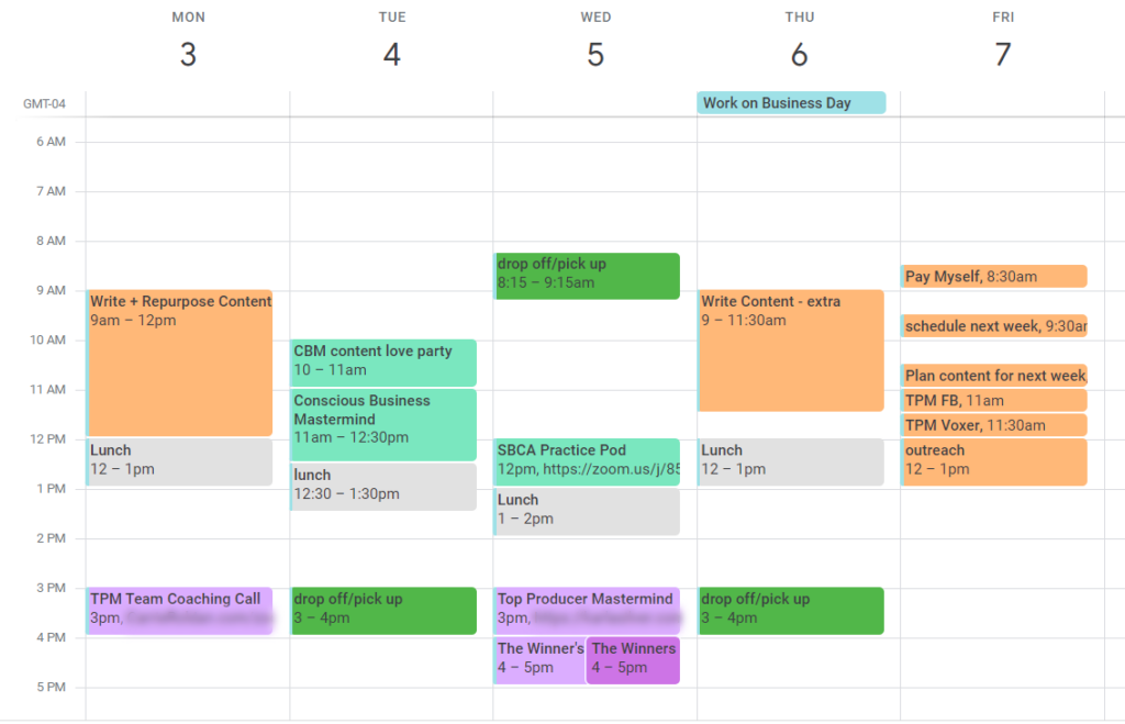 screenshot of google calendar with only the essential time-blocked commitments on it